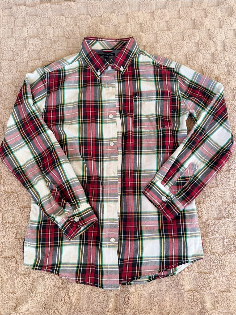 Tommy Hilfiger Girls L 14/16 Plaid Button Down Shirt Red White Tartan